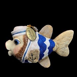 Katherine's Col.  4.5” Blue White Sailor Glitter Kissing Fish Ornament Ocean